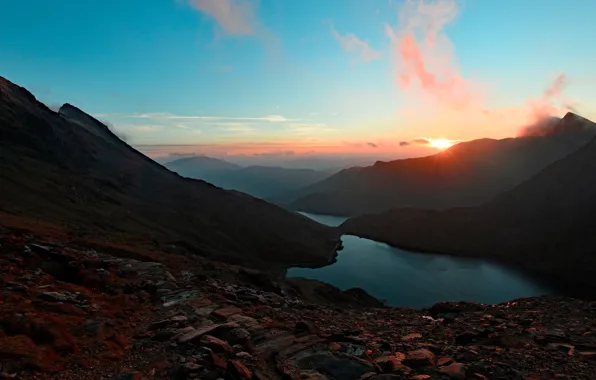 Picture sunset, mountains, slope, pond