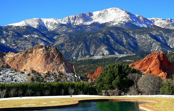 Picture the sky, trees, mountains, color, pool