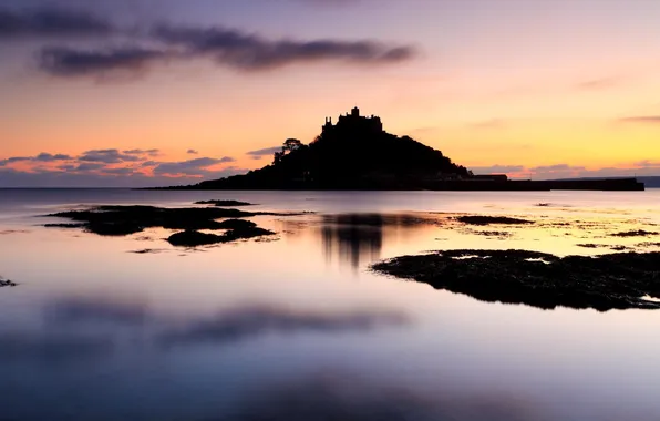 Sea, sunset, castle, black
