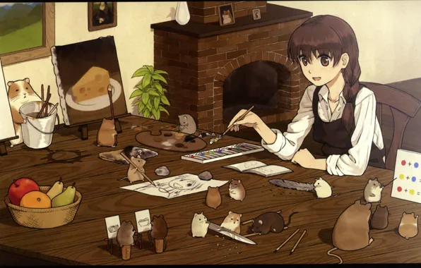 Table, paint, figure, pencils, bucket, Girl, fireplace, palette