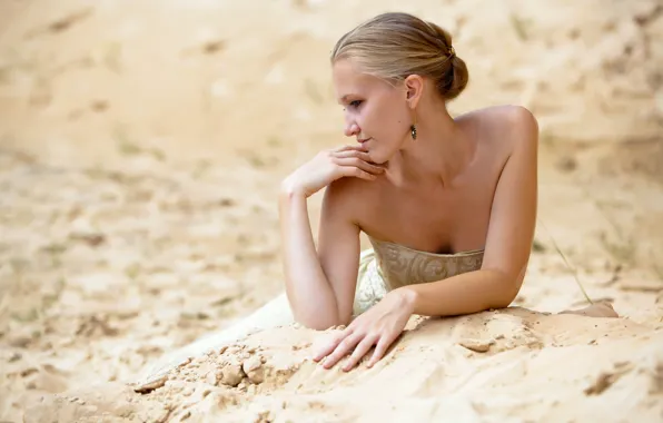 Sand, girl, pose, hair, hands, lips, earring