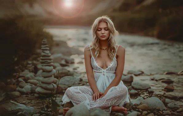 Chest, girl, light, nature, pebbles, river, stones, shore