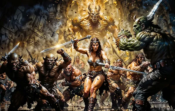 Girl, the demon, swords, men, orcs, the woman warrior