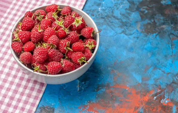 Berries, raspberry, bowl, blue background, blue background, napkin