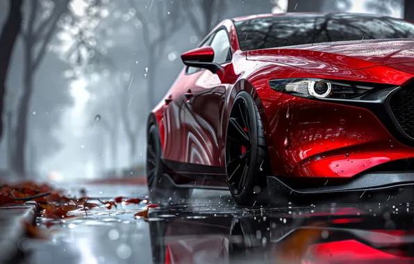 Road, car, fog, reflection, car, road, Mazda 3, reflection