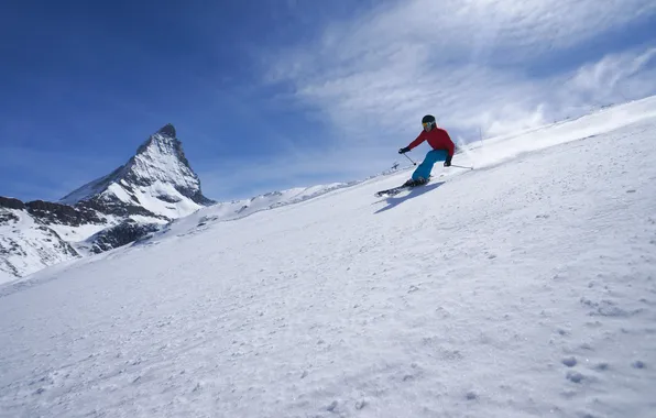 The sky, snow, landscape, mountains, nature, the descent, speed, slope