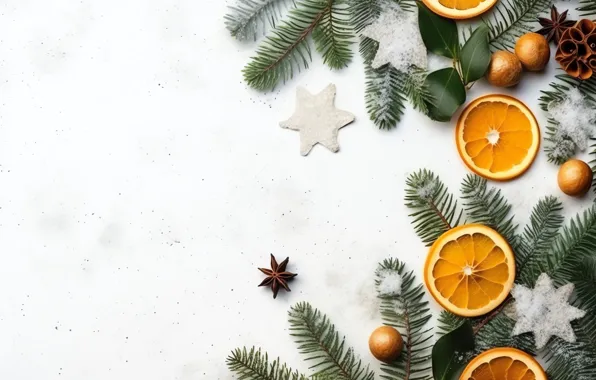 Branches, oranges, Christmas, white background, New year, fruit, needles, circles