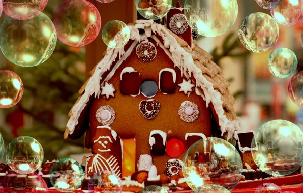 Winter, snow, house, bubbles, holiday, Windows, cookies, bubbles