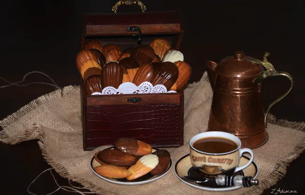 Picture coffee, cookies, chest, still life, coffee pot, Madeleine