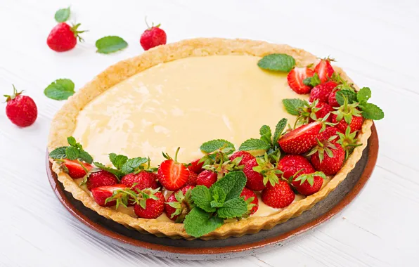 Berries, cheese, cream, strawberry, pie, mint