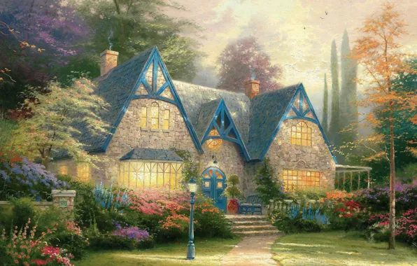 Flowers, house, garden, lantern, painting, cottage, estate, Thomas Kinkade