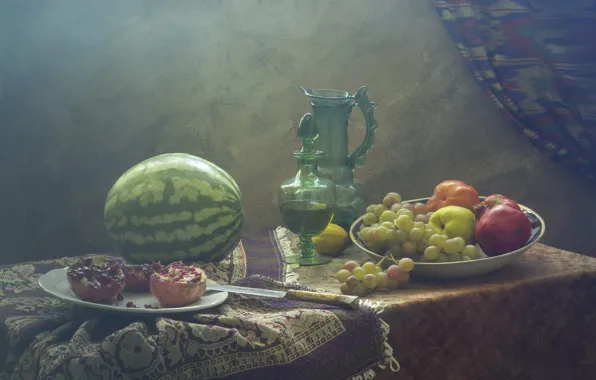 Table, watermelon, grapes, knife, fabric, pitcher, fruit, still life