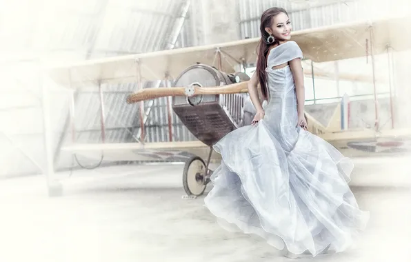 Picture girl, smile, the plane, background, dress, hangar, biplane