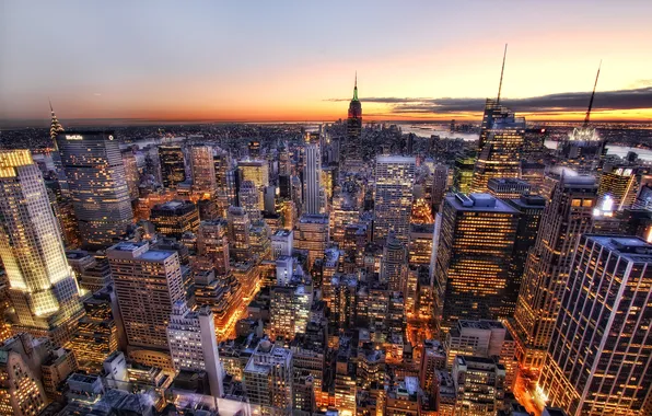 Picture the sky, sunset, lights, New York, horizon, USA, skyscrapers, street