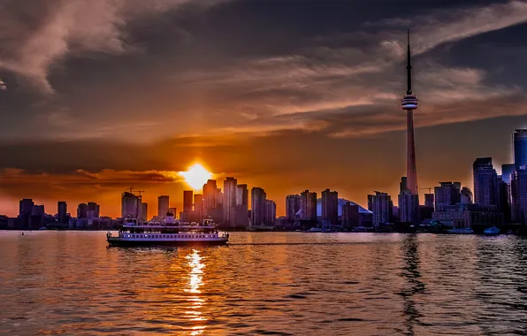 Lake, ship, home, the evening, Canada, Ontario, Toronto