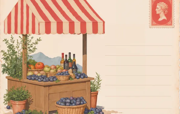 Summer, mountains, table, wine, tent, bottle, fruit, basket