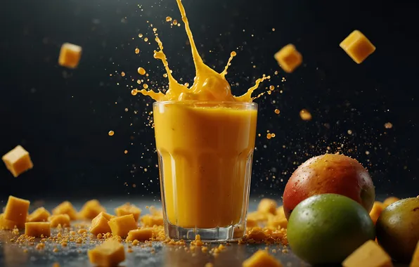 Squirt, glass, cubes, splash, juice, fruit, mango, black background