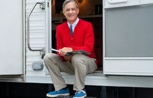 Sneakers, tie, sweater, Tom Hanks, Tom Hanks, Mr. Rogers, Mr. Rogers