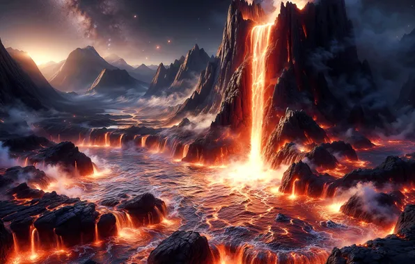 Landscape, mountains, nature, fire, element, smoke, the volcano, couples