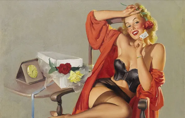 Girl, flowers, retro, gift, figure, blonde, Pin-up, card