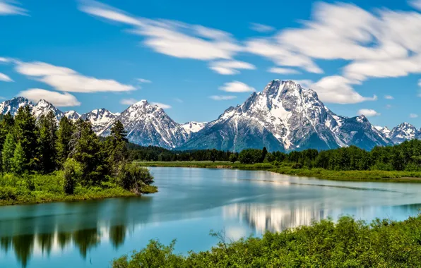 Forest, mountains, river, Wyoming, Wyoming, Grand Teton National Park, Rocky mountains, The Snake River