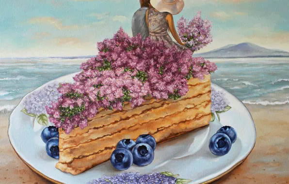 Picture sea, girl, flowers, blueberries, plate, cake, male, lovers