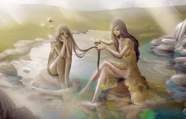 Picture water, rays, butterfly, nature, girls, art, painting, sisters