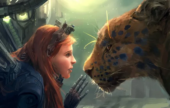 Cat, girl, metal, robot, hand, predator, art, wild