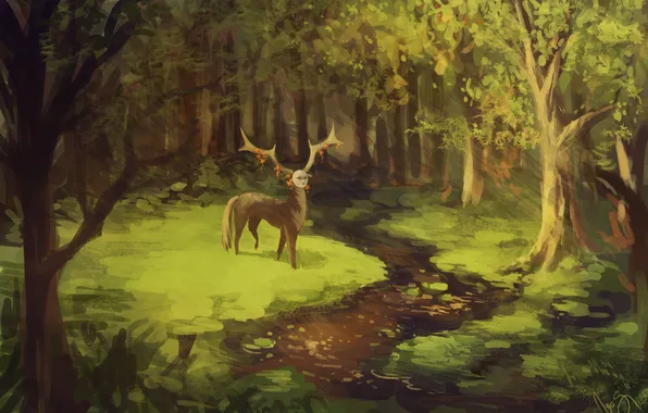 Greens, forest, river, deer, mask, art, painted landscape