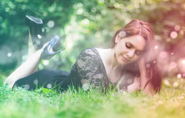 Grass, girl, smile, redhead