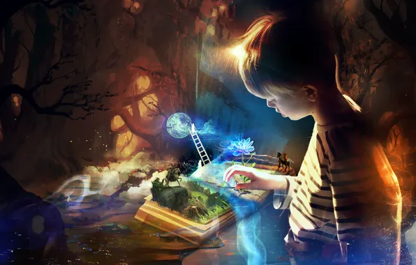 Picture flower, fantasy, child, boy, ladder, book, rider, characters