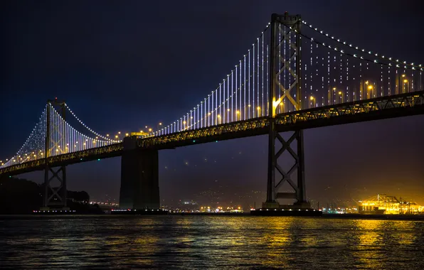 Picture night, bridge, the city, lights, river, San Francisco, USА, South Beach