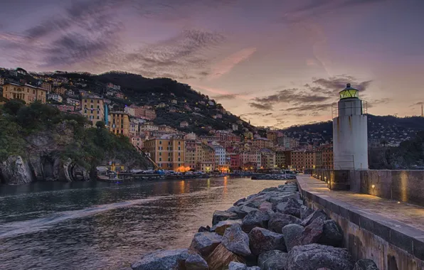Picture stones, lighthouse, building, home, Bay, Italy, Italy, Camogli