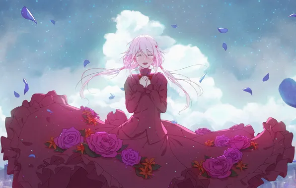 Red dress, rose petals, blue sky, pink hair, Guilty Crown, singing, Yuzuriha Inori, red roses