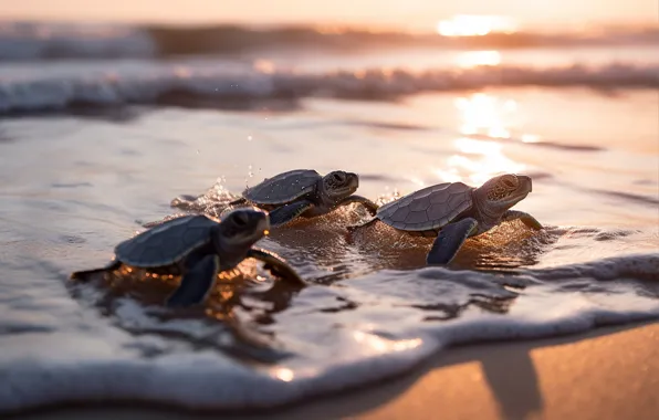 Sand, sea, water, light, dawn, shore, turtle, trio