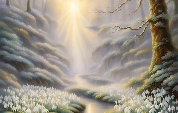 Forest, the sun, rays, light, trees, landscape, flowers, nature