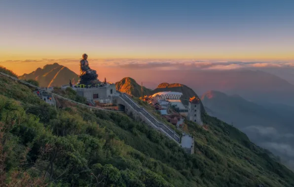 Picture landscape, sunset, mountains, nature, ladder, statue, Vietnam, Buddha