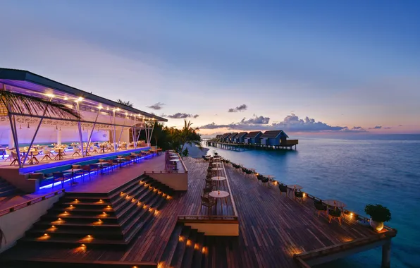 Beach, palm trees, the ocean, the evening, lighting, The Maldives, the hotel, resort