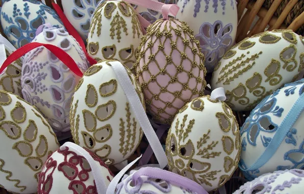 Decoration, holiday, patterns, toys, eggs, spring, Easter, gold plated