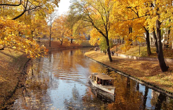 Autumn, trees, nature, Park, river, boat, falling leaves, river