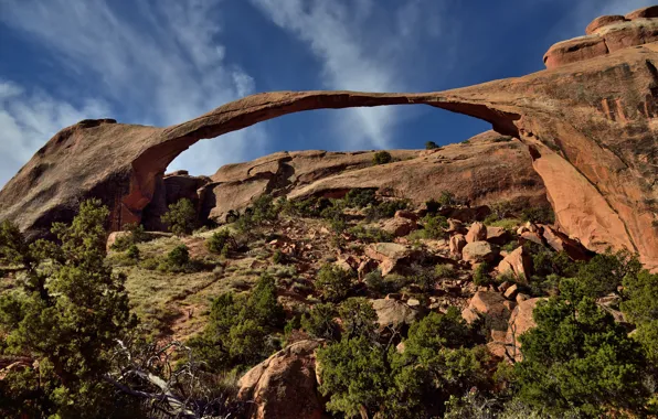 Picture the sky, clouds, nature, stones, rocks, slope, arch