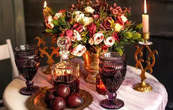 Table, wine, candle, bouquet, glasses, plum, decanter
