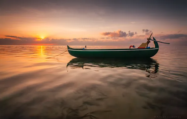 Picture sea, dawn, boat, Bali, Anton Sadomov