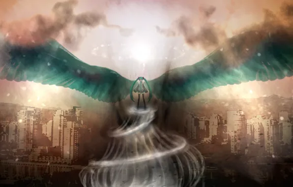 The sky, girl, clouds, the city, wings, anime, art, vortex
