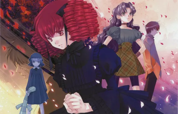 Picture children, petals, girl, black dress, bow, art, ruffles, red hair