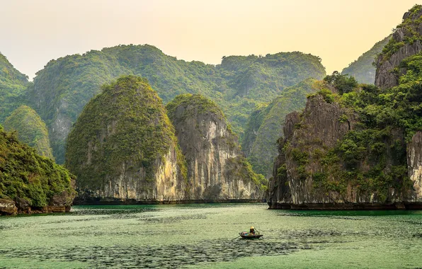 Sea, rocks, boat, Bay, Vietnam, Long Bay