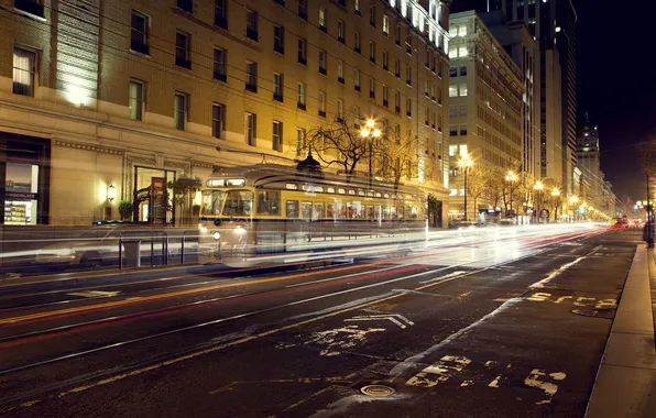 Road, night, the city, lights, building, excerpt, lights, CA
