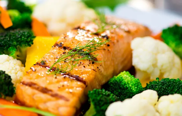Picture greens, carrots, broccoli, baked salmon