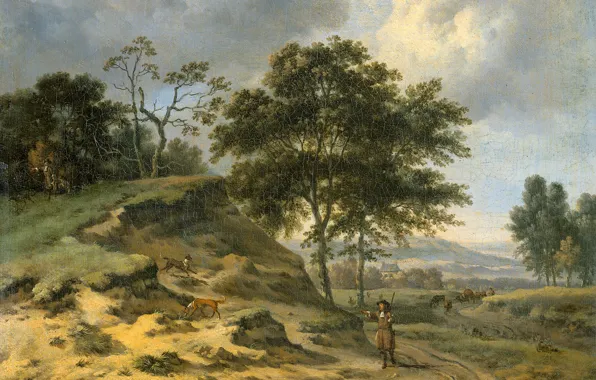 Oil, picture, canvas, Ian Vanants, Landscape with Two Hunters