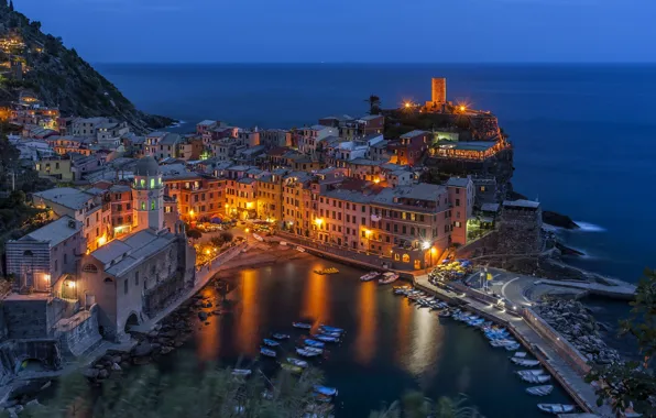 Sea, night, lights, home, Italy, Vernazza